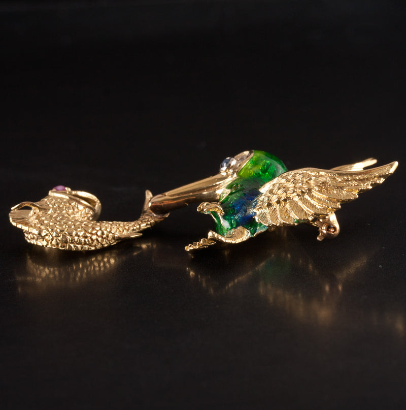 18k Yellow Gold Round Diamond Ruby Sapphire Bird Fish Brooch Pin .115ctw 12.8g
