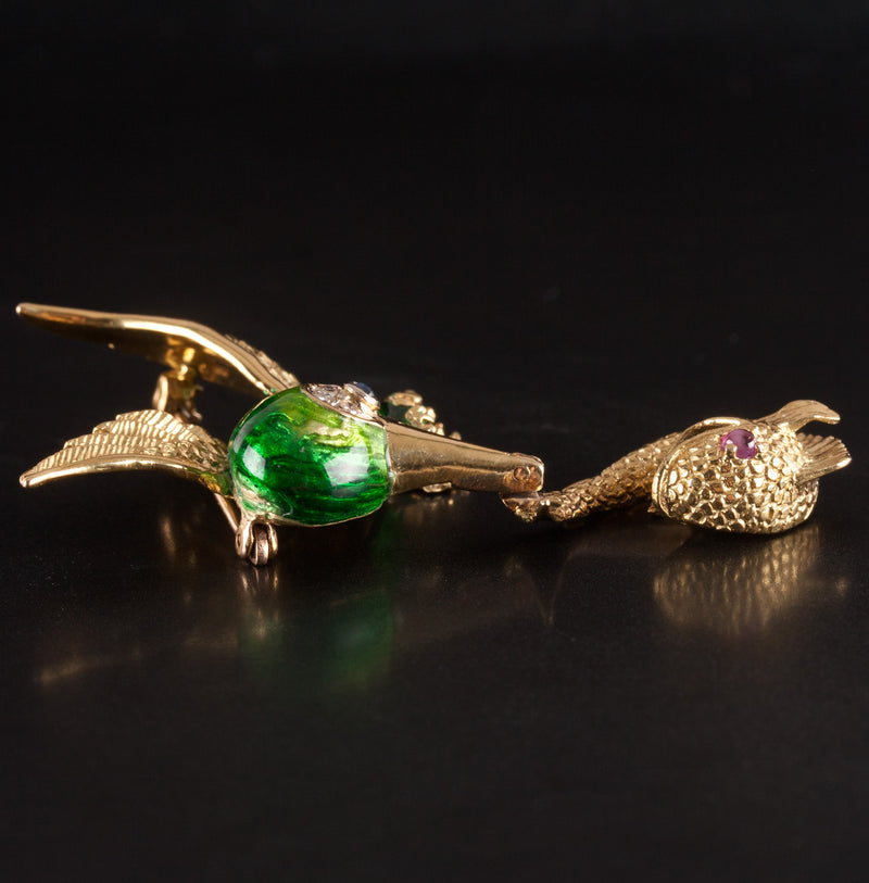18k Yellow Gold Round Diamond Ruby Sapphire Bird Fish Brooch Pin .115ctw 12.8g