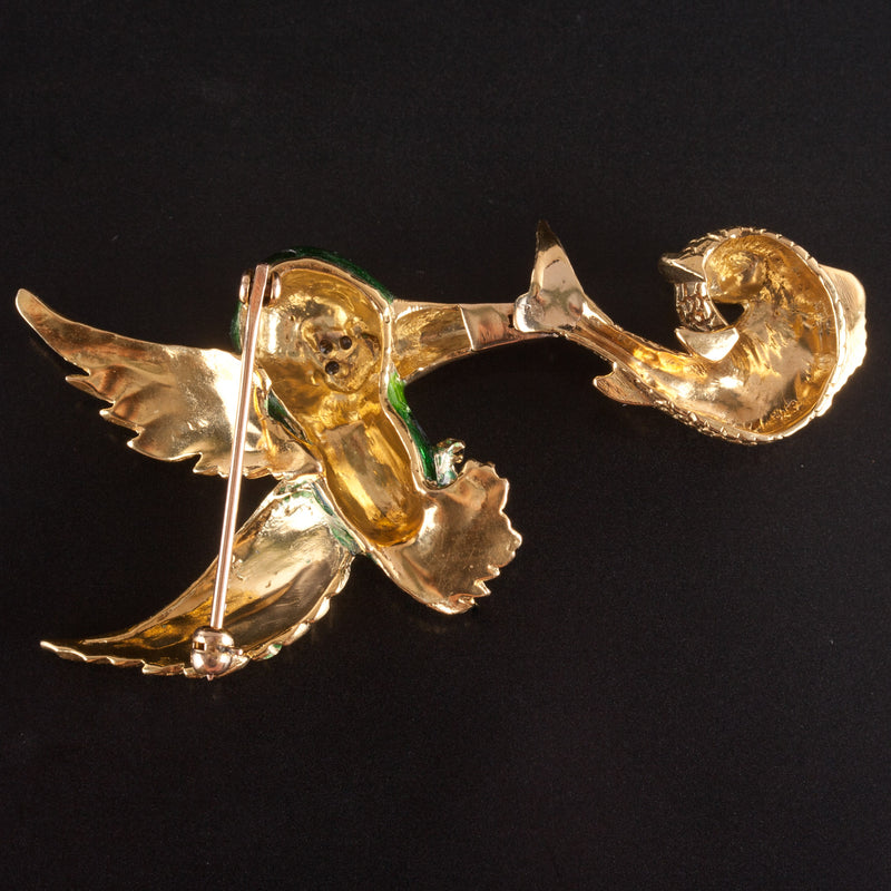 18k Yellow Gold Round Diamond Ruby Sapphire Bird Fish Brooch Pin .115ctw 12.8g