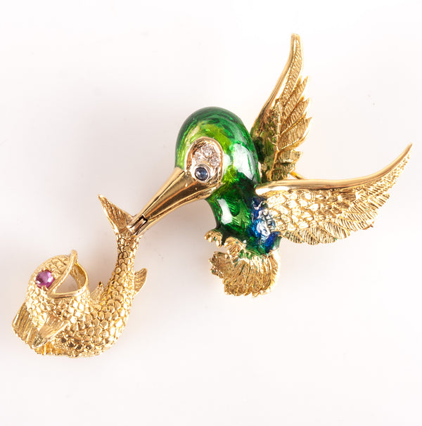 18k Yellow Gold Round Diamond Ruby Sapphire Bird Fish Brooch Pin .115ctw 12.8g