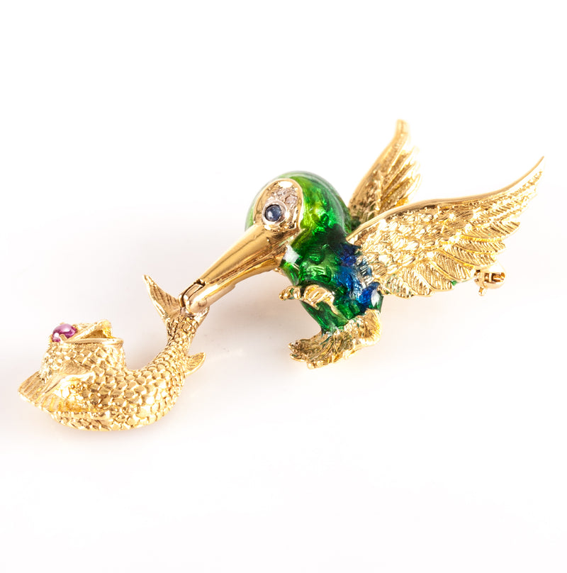 18k Yellow Gold Round Diamond Ruby Sapphire Bird Fish Brooch Pin .115ctw 12.8g