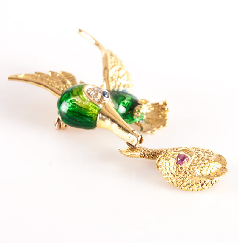 18k Yellow Gold Round Diamond Ruby Sapphire Bird Fish Brooch Pin .115ctw 12.8g