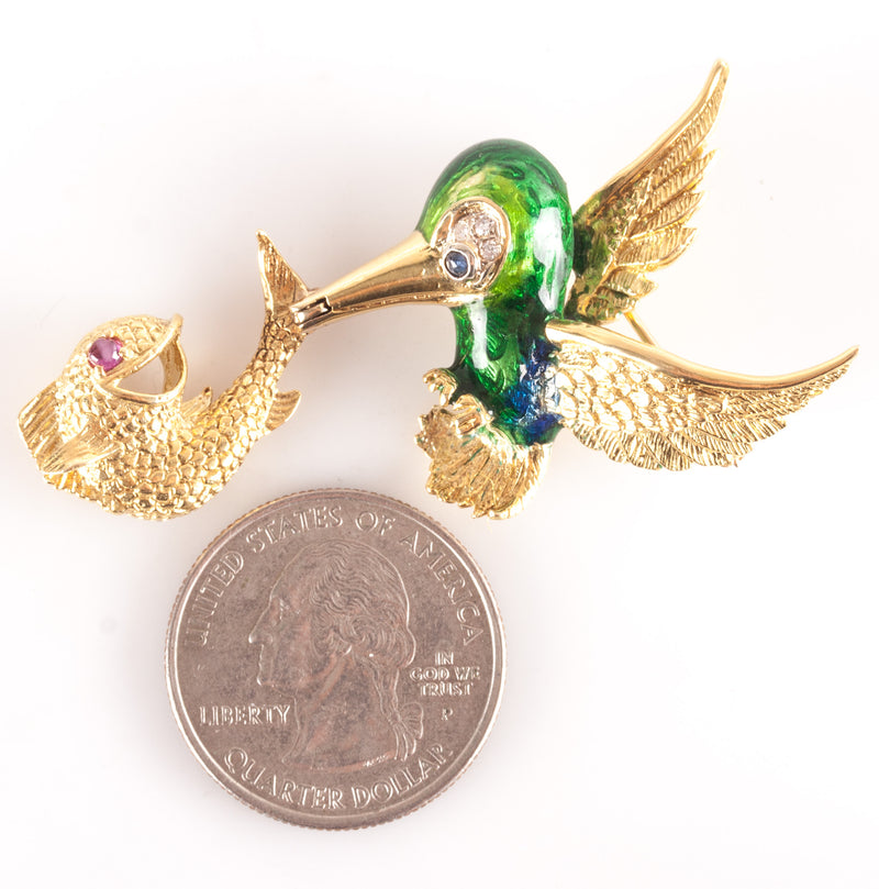 18k Yellow Gold Round Diamond Ruby Sapphire Bird Fish Brooch Pin .115ctw 12.8g
