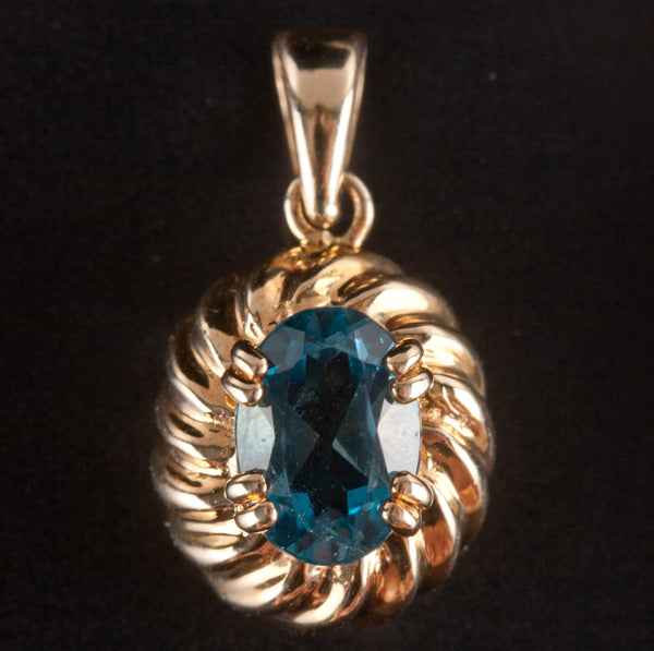 14k Yellow Gold Oval London Blue AA Topaz Solitaire Pendant 1.05ctw 1.82g