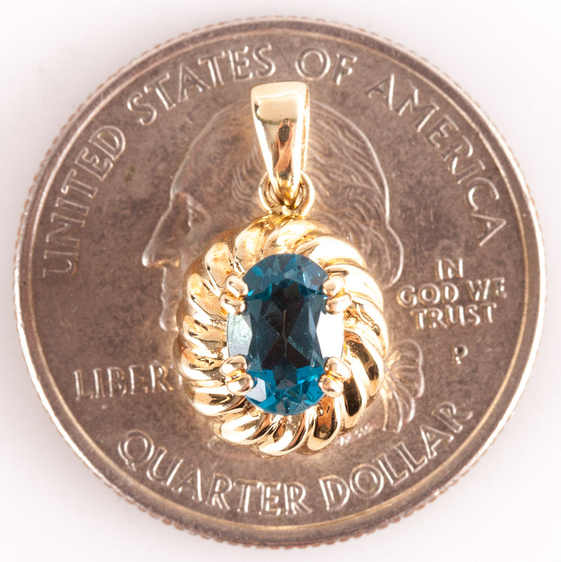 14k Yellow Gold Oval London Blue AA Topaz Solitaire Pendant 1.05ctw 1.82g