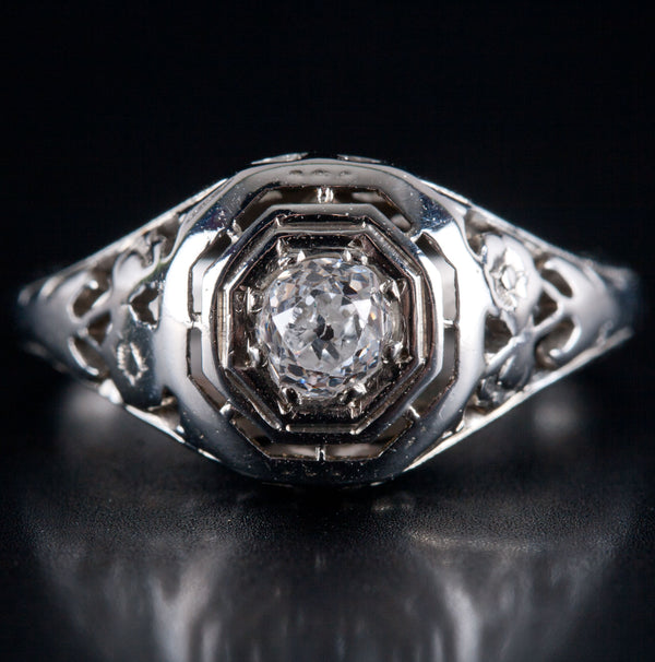 Vintage 1920's 18k White Gold Old Mine Diamond Filigree Engagement Ring .20ct