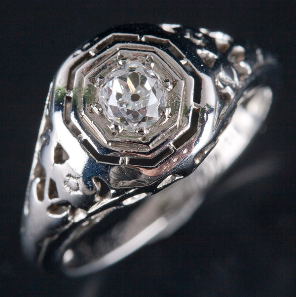 Vintage 1920's 18k White Gold Old Mine Diamond Filigree Engagement Ring .20ct