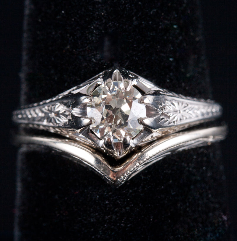 Vintage 1900s 18k White Gold Old Euro Diamond Engagement Wedding Ring Set .50ctw
