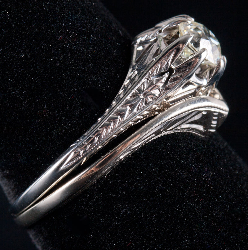Vintage 1900s 18k White Gold Old Euro Diamond Engagement Wedding Ring Set .50ctw