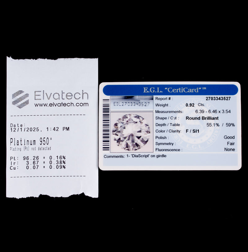 950 Platinum F SI1 Round Diamond Engagement Ring W/ EGL Cert 1.03ctw 4.05g