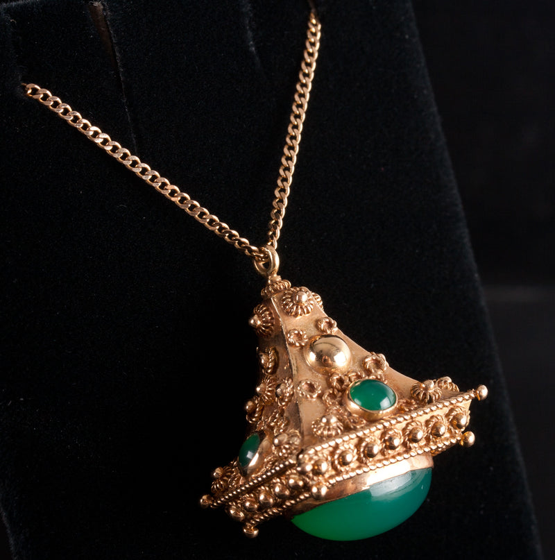 18k / 14k Yellow Gold Cabochon Chrysoprase Necklace W/ 16" Chain 6.41ctw 13.12g