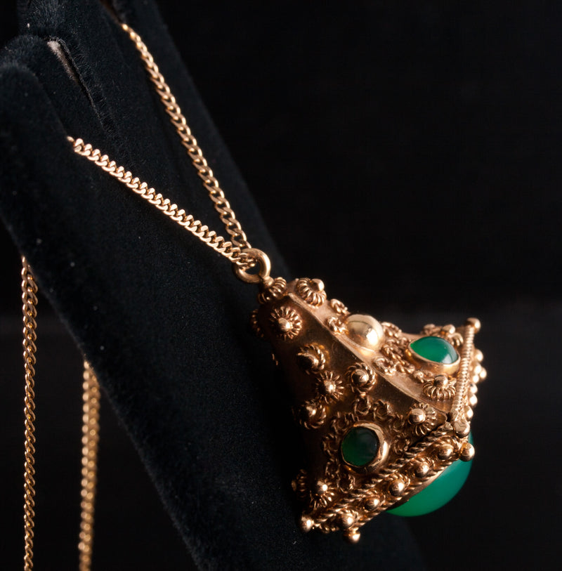 18k / 14k Yellow Gold Cabochon Chrysoprase Necklace W/ 16" Chain 6.41ctw 13.12g