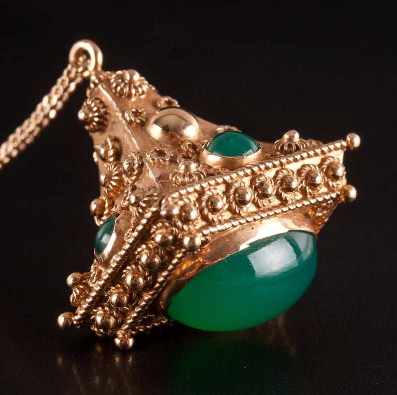 18k / 14k Yellow Gold Cabochon Chrysoprase Necklace W/ 16" Chain 6.41ctw 13.12g