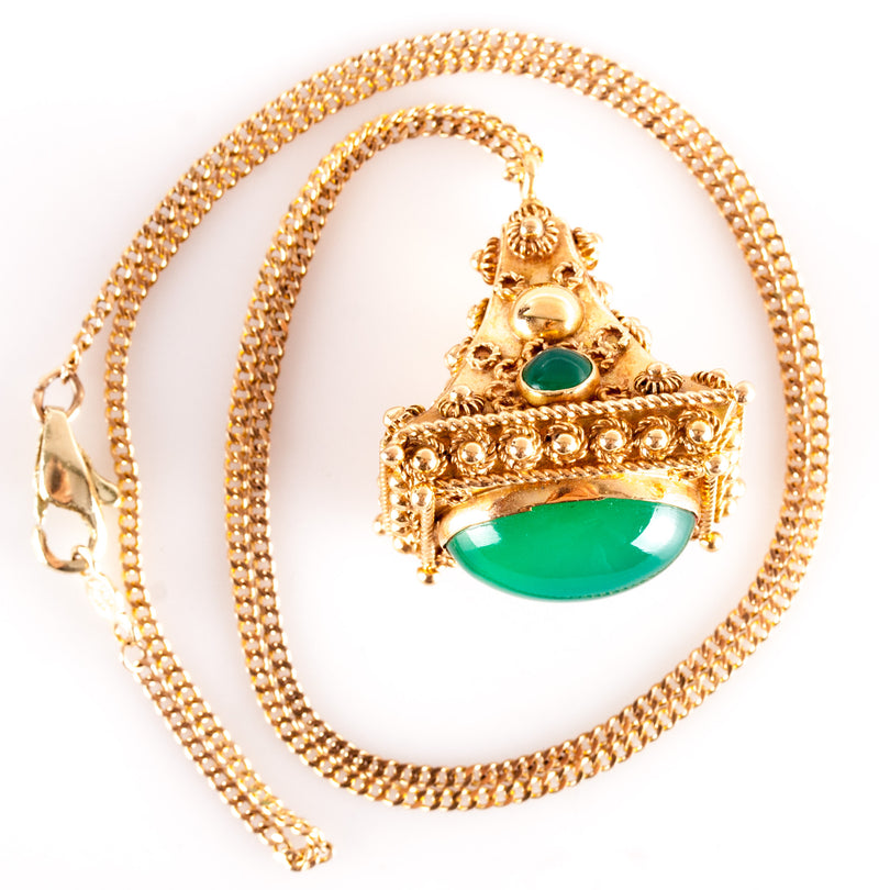 18k / 14k Yellow Gold Cabochon Chrysoprase Necklace W/ 16" Chain 6.41ctw 13.12g