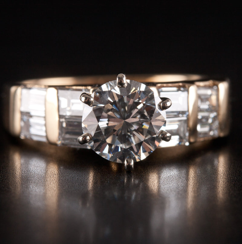 18k Yellow Gold Round & Baguette E VS2 Diamond Engagement Ring 2.0ctw 5.18g