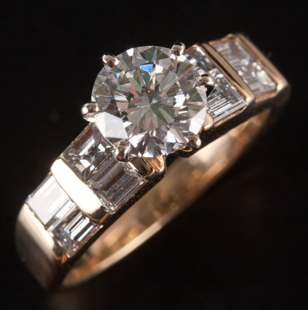 18k Yellow Gold Round & Baguette E VS2 Diamond Engagement Ring 2.0ctw 5.18g
