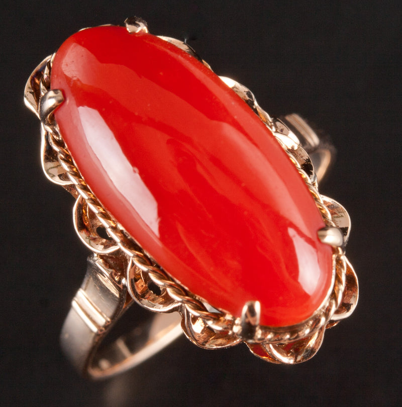 Vintage 1930's 14k Yellow Gold Oval Cabochon AA Red Coral Solitaire Ring 3.55g