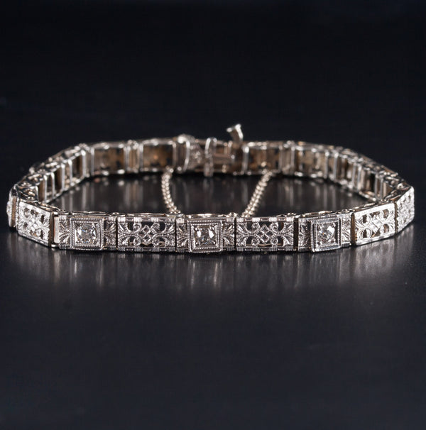 Vintage 1920's 18k White Gold Old Euro Diamond Filigree Bracelet .30ctw 9.84g
