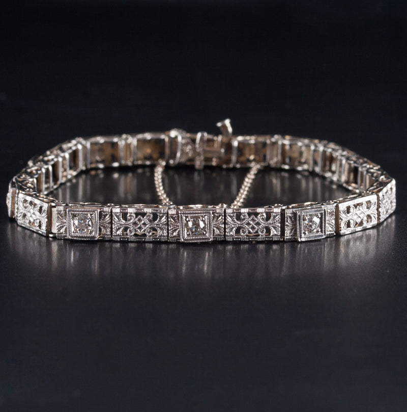 Vintage 1920's 18k White Gold Old Euro Diamond Filigree Bracelet .30ctw 9.84g