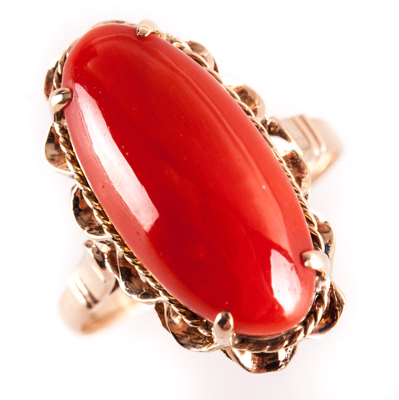 Vintage 1930's 14k Yellow Gold Oval Cabochon AA Red Coral Solitaire Ring 3.55g