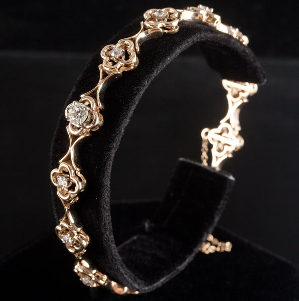 Vintage 1940's 14k Yellow Gold Diamond Clover Style Bracelet 1.56ctw 18.6g 7.5"