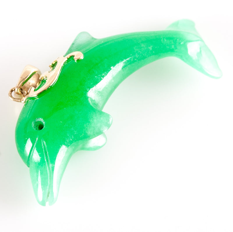 14k Yellow Gold Dolphin Shaped Jade Dangle Pendant 6.75g 42mm x 21.6mm