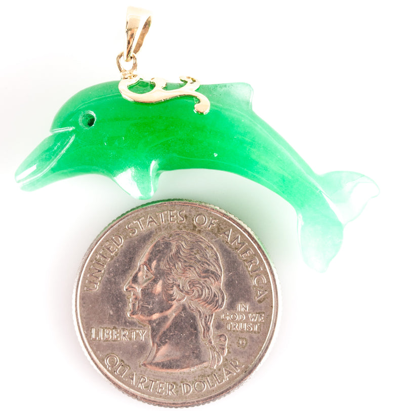 14k Yellow Gold Dolphin Shaped Jade Dangle Pendant 6.75g 42mm x 21.6mm