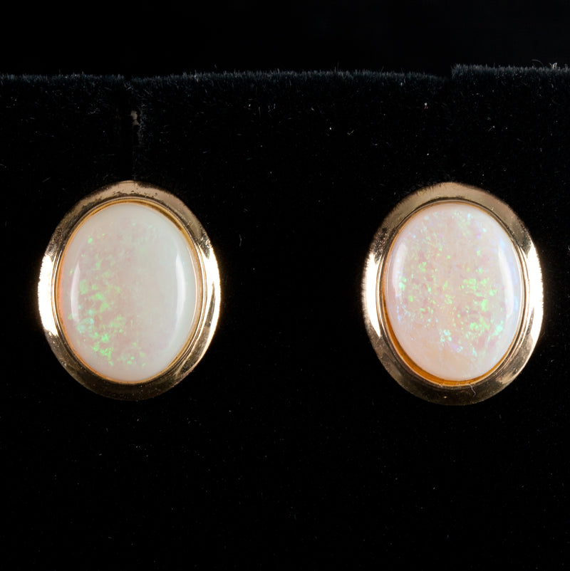 14k Yellow Gold Oval Cabochon AA Opal Solitaire Stud Earrings 2.30ctw 1.45g