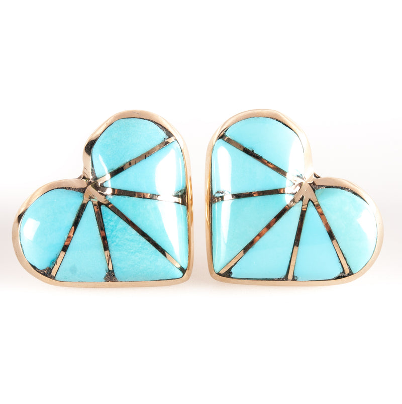 14k Yellow Gold Inlay Turquoise Solitaire Stud Heart Earrings W/ Butterfly Backs
