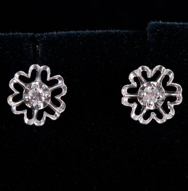 14k White Gold Round H SI1 Diamond Solitaire Stud Floral Earrings .09ctw 1.50g