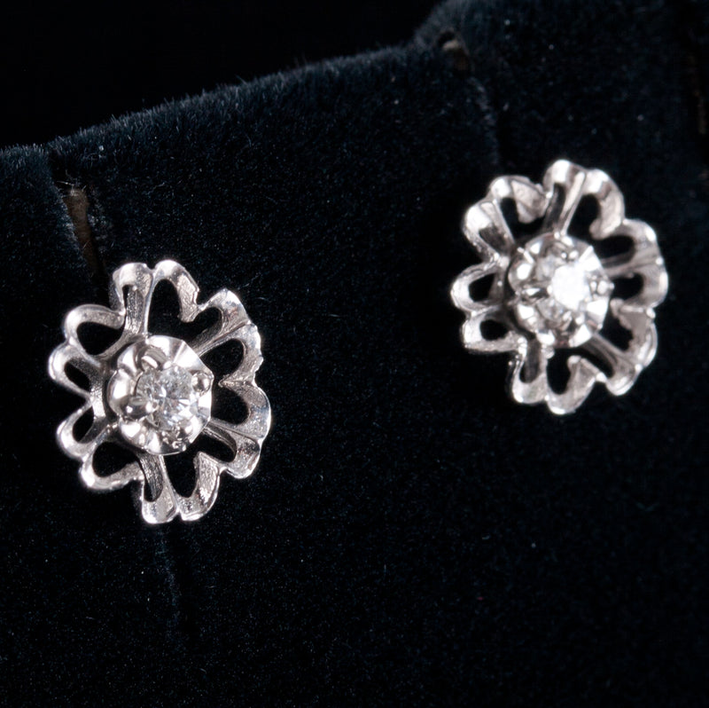 14k White Gold Round H SI1 Diamond Solitaire Stud Floral Earrings .09ctw 1.50g