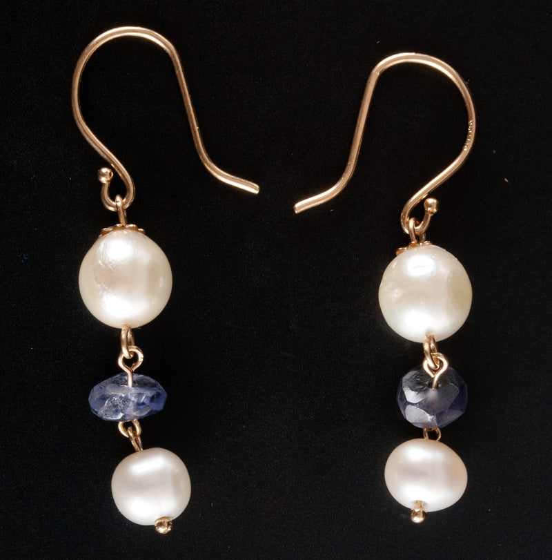 14k Yellow Gold Round Bead Pearl Rough Tanzanite Dangle Earrings 2.6g