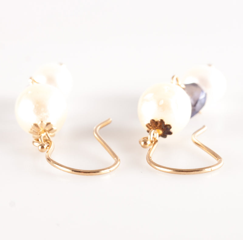 14k Yellow Gold Round Bead Pearl Rough Tanzanite Dangle Earrings 2.6g