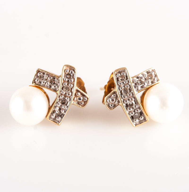 10k Yellow Gold Round Bead Pearl Diamond X Style Stud Earrings .06ctw 2.42g