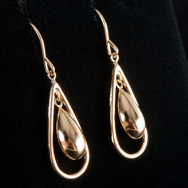 14k Yellow Gold Hollow Dangle Tear Drop Style Earrings W/ Hooks 1.25g
