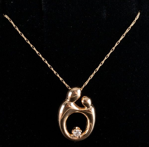 14k Yellow Gold Round H SI1 Diamond Mother Child Necklace .015ct 18" Length