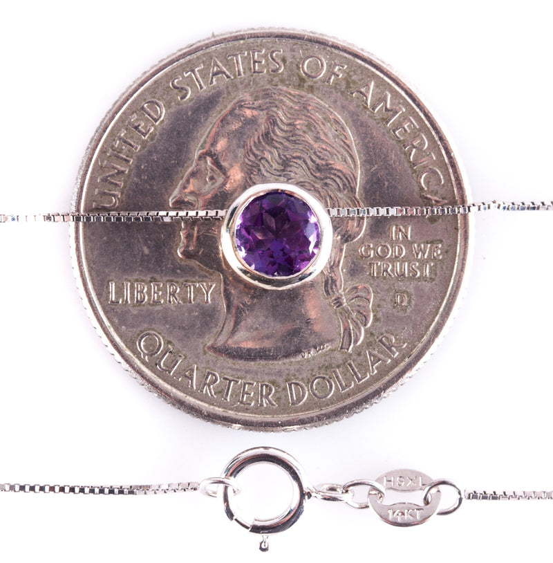 14k White Gold Round Amethyst Solitaire Necklace W/ 18" Chain .49ct 1.72g