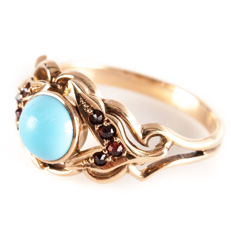 14k Yellow Gold Round Cabochon Turquoise Garnet Cocktail Ring .096ctw 2.5g
