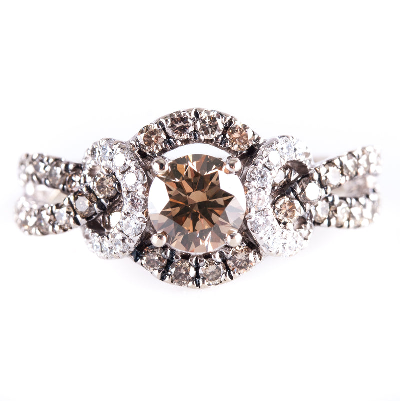 14k White Gold Le Vian Round Brown Diamond Engagement Ring .93ctw 4.07g