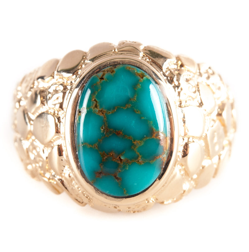 14k Yellow Gold Cabochon AA Royston Turquoise Solitaire Nugget Style Ring 11.4g