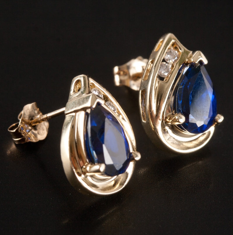 10k Yellow Gold Pear Lab-Created Sapphire Natural Diamond Stud Earrings 1.81ctw