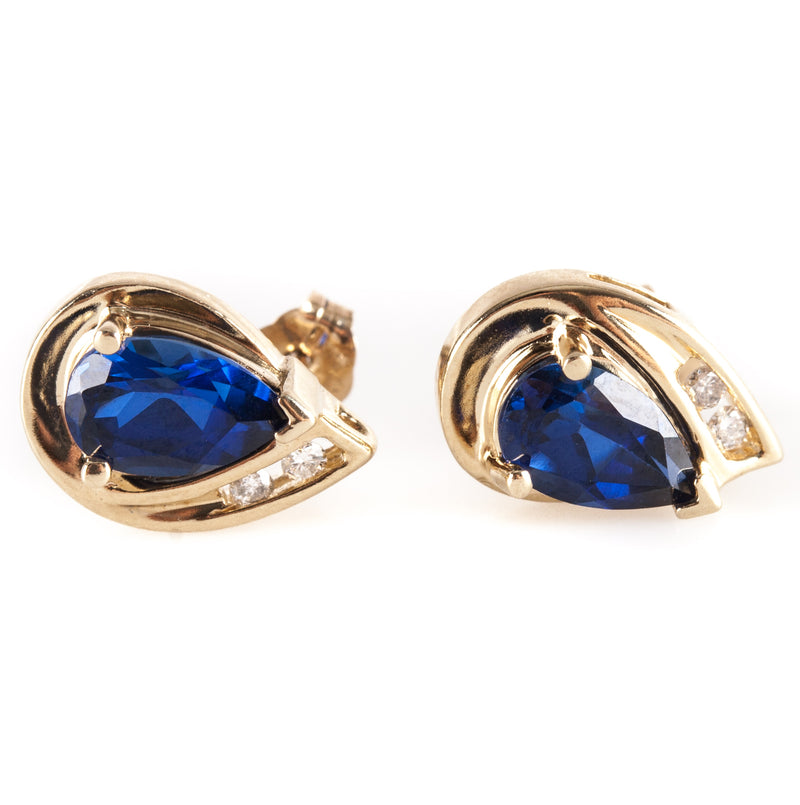 10k Yellow Gold Pear Lab-Created Sapphire Natural Diamond Stud Earrings 1.81ctw