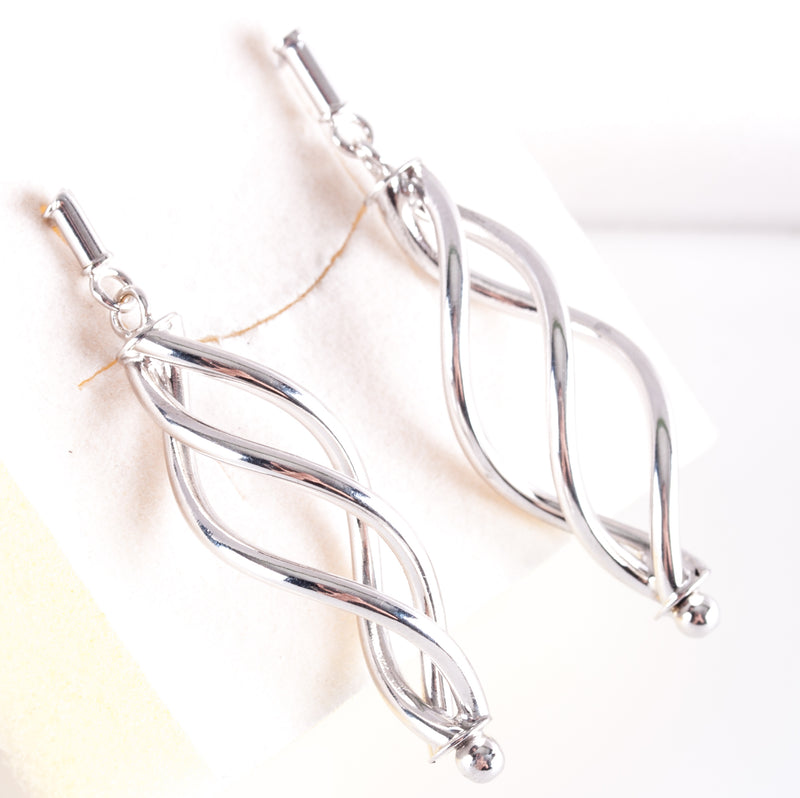 14k White Gold Hollow Twist Style Dangle Earrings W/ Butterfly Backs 3.95g