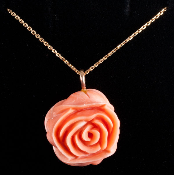 14k Yellow Gold Natural Orange Pink Coral Rose Necklace W/ 18" Chain 4.9g
