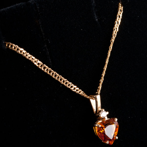 14k Yellow Gold Orange Heart Citrine Diamond Necklace W/ 18" Chain .685ctw