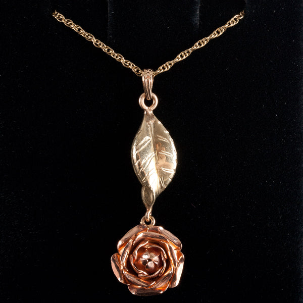 14k Black Hills Gold Rose Floral Leaf Necklace W/ 15" Chain 4.9g 39.1mm x 11.8mm