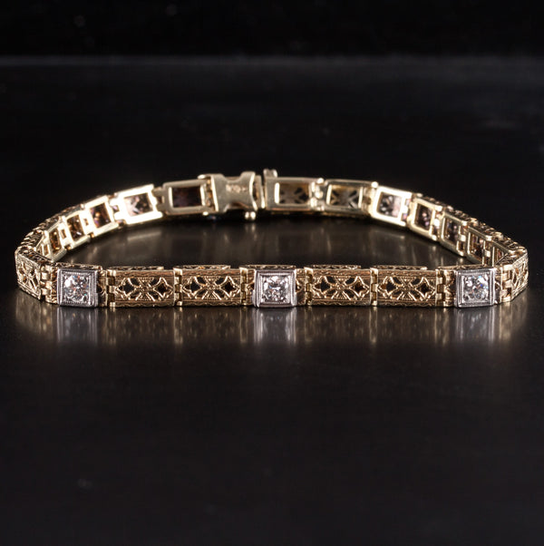 Vintage 1920's 14k Yellow White Gold Transitional Round Diamond Bracelet .21ctw