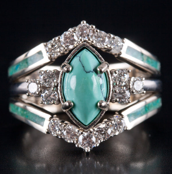14k White Gold Staghead Designs Turquoise Diamond Engagement Wedding Ring Set