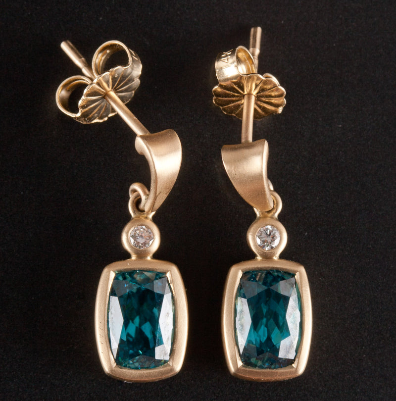 14k Yellow Gold Blue Zircon Diamond Dangle Earrings W/ Butterfly Backs 3.68ctw