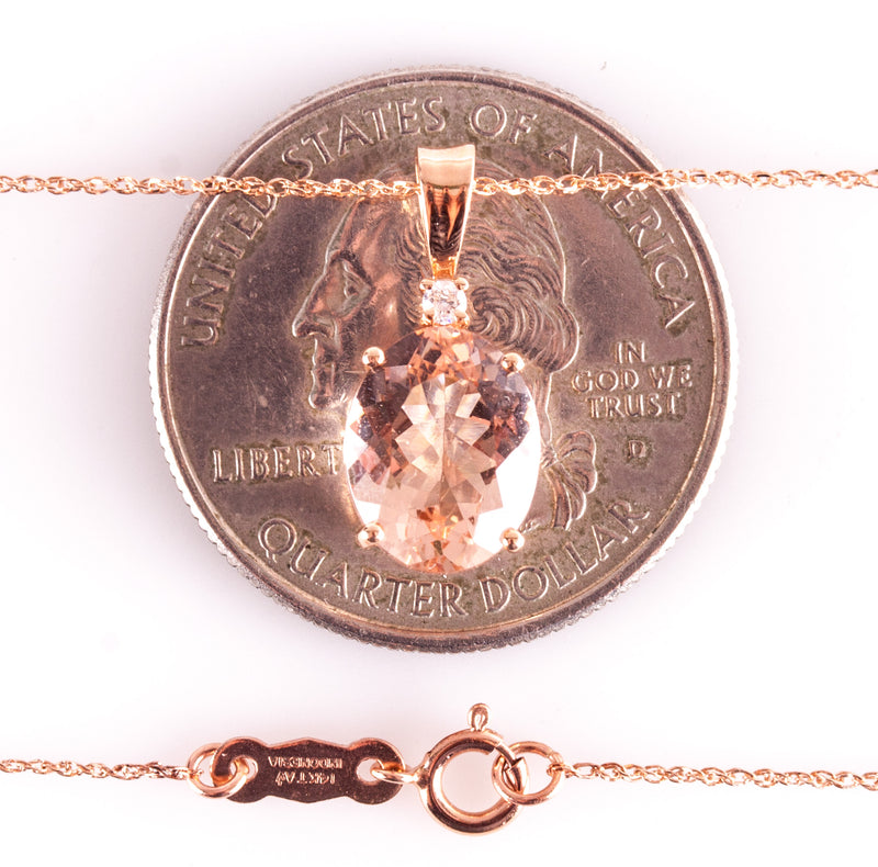 14k Rose Gold Oval AA Morganite Solitaire Necklace W/ Diamond Accent 2.54ctw